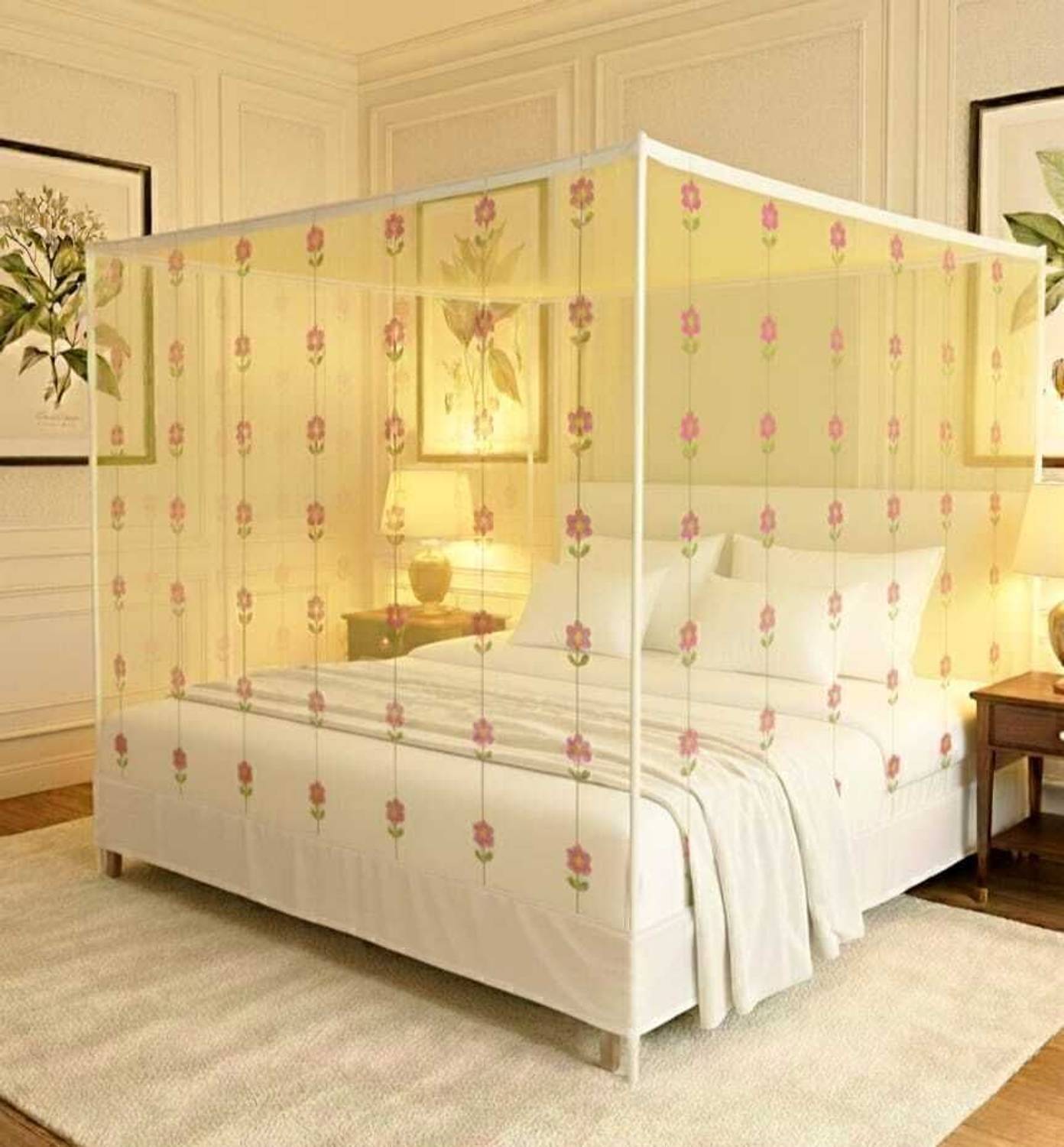 AasthaNet 6X7 KING SIZE YELLOW COLOR FLOWER PRINTED FOLDABLE MOSQUITO NET HDPE - High Density Poly Ethylene Washable Adults Mosquito Net