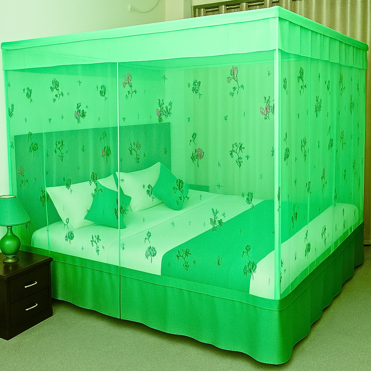 Image of SR ENTERPRISE Floral Design Green Color Queen Size (7'x7') HDPE - High Density Poly Ethylene Washable Adults Mosquito Net