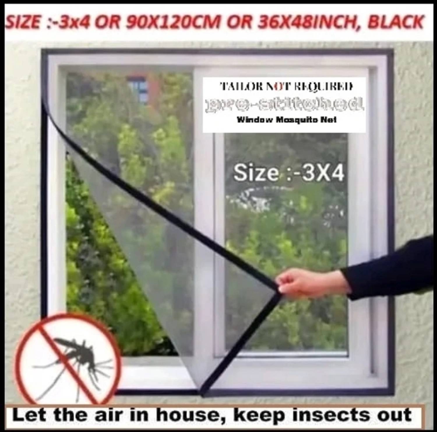 BLEMY 3*4 BLACK BL WINDOW NET WITH VELRO TAPE HDPE - High Density Poly Ethylene Washable Adults Mosquito Net