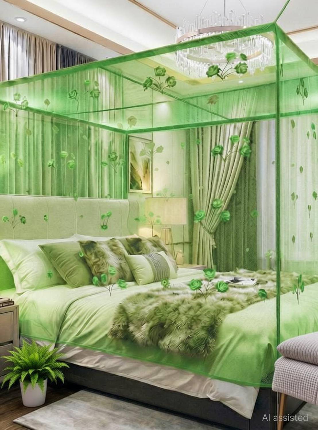 AasthaNet Flower Printed Green Color (6x7) HDPE - High Density Poly Ethylene Washable Adults Mosquito Net