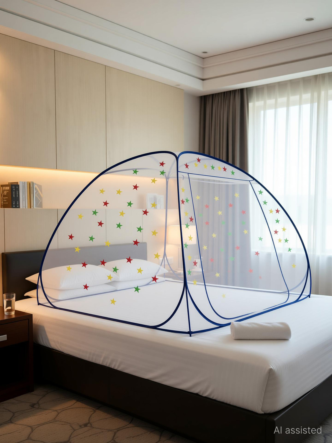 Image of MAGICAL Star - Mosquito Net, Foldable Single Size Bed,( 6ft x 4ft ) - Dark Blue Polyester Washable Adults Mosquito Net
