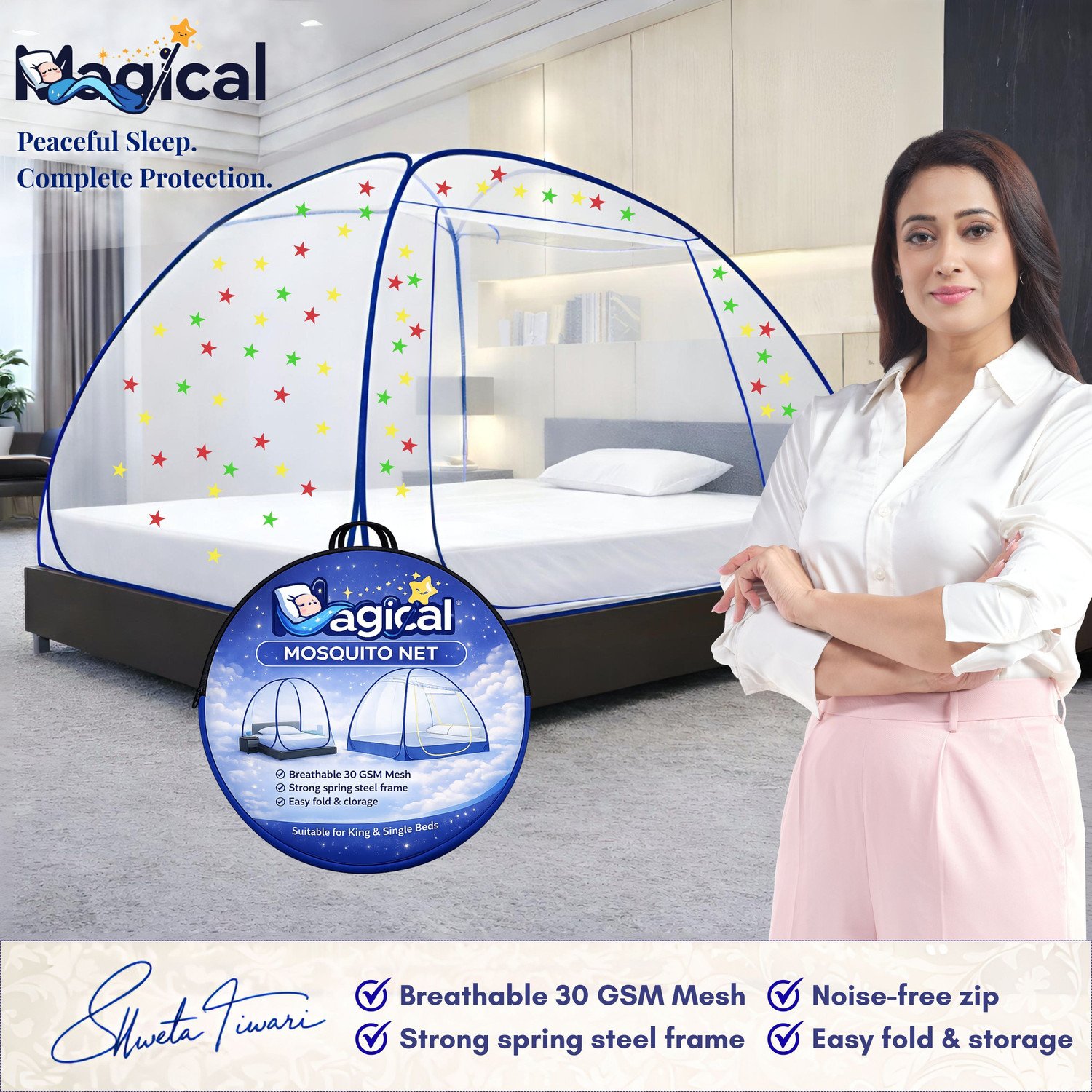 Image of MAGICAL Star - Mosquito Net, Foldable Single Size Bed,( 6ft x 4ft ) - Dark Blue Polyester Washable Adults Mosquito Net
