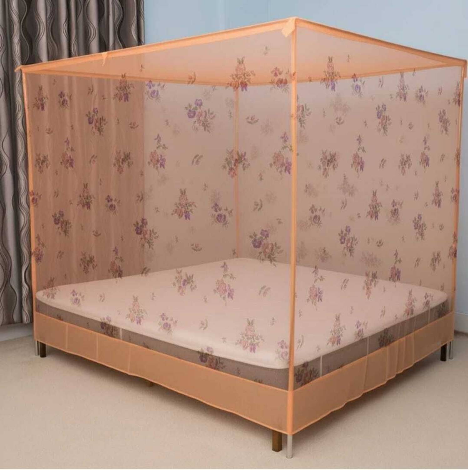 AasthaNet 6X7 KING SIZE ORANGE COLOR FLOWER PRINTED FOLDABLE MOSQUITO NET HDPE - High Density Poly Ethylene Washable Adults Mosquito Net