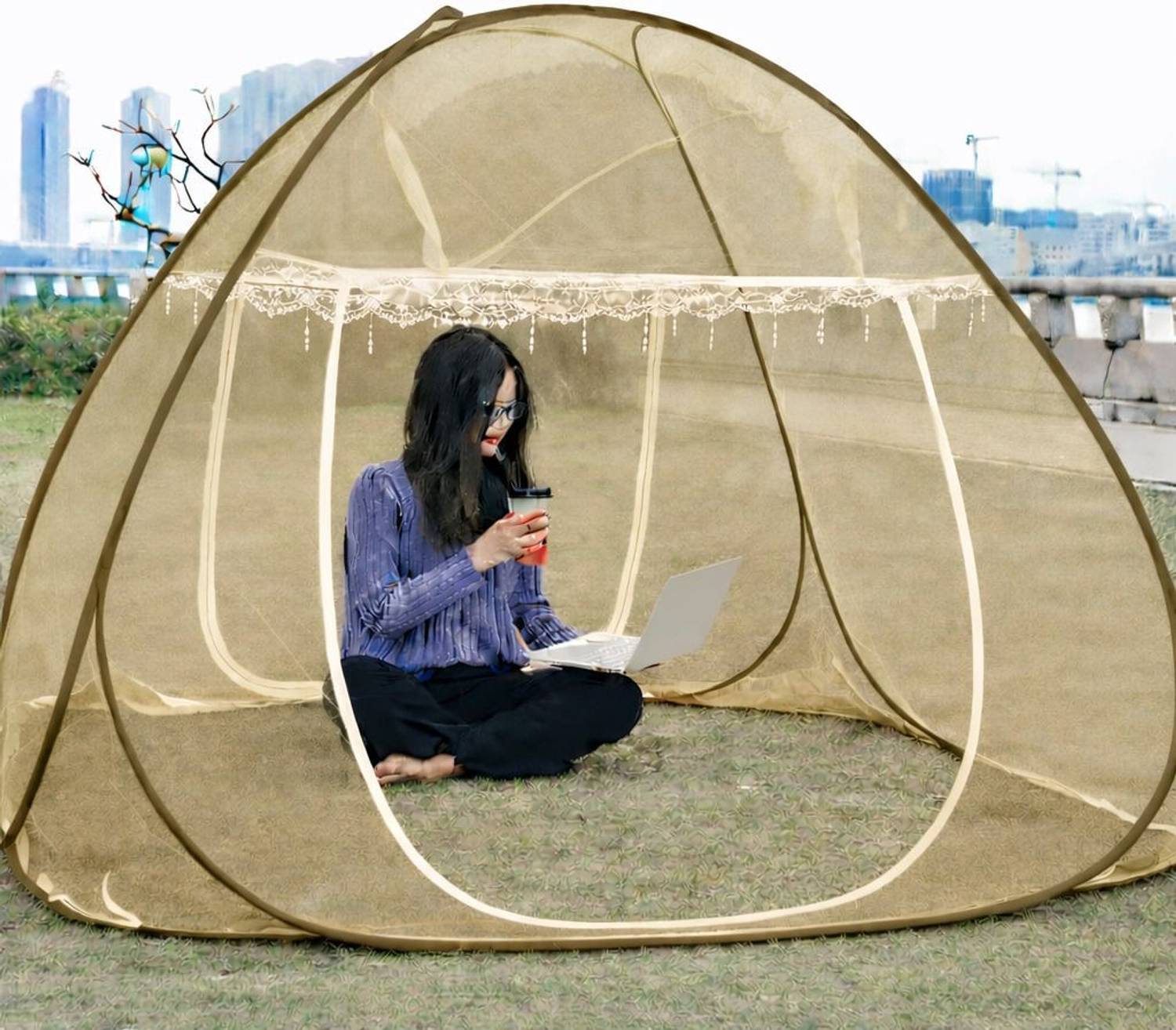Amprar Foldable Machhardani -King Size 200CM(6ft 6in) x 200CM(6ft 6in) x 145CM(4ft 8in) Polyester Adults Mosquito Net