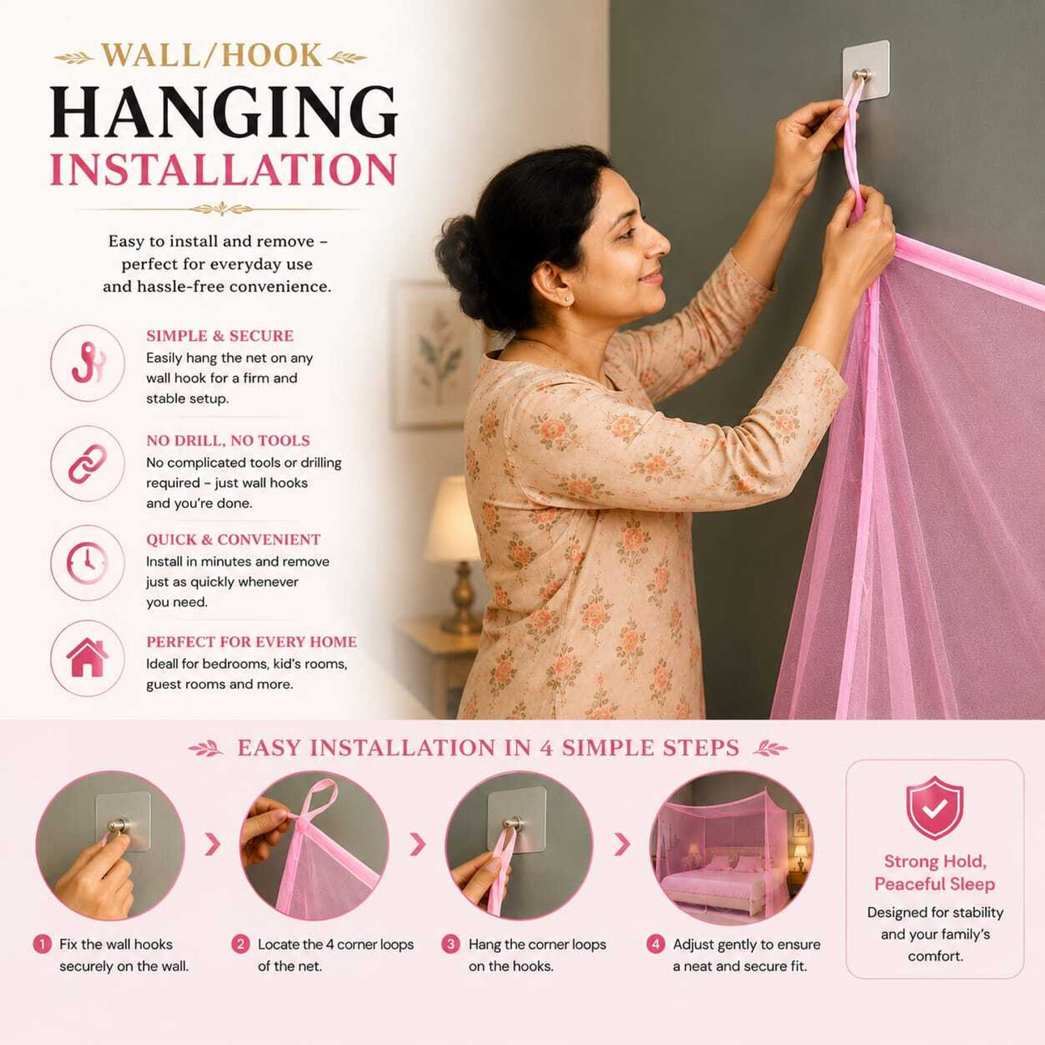 Image of Noorexa Premium King Size Bed Mosquito Net 8x12 I 4 Hooks Free Cotton Washable Adults Mosquito Net (Pink, Tent)