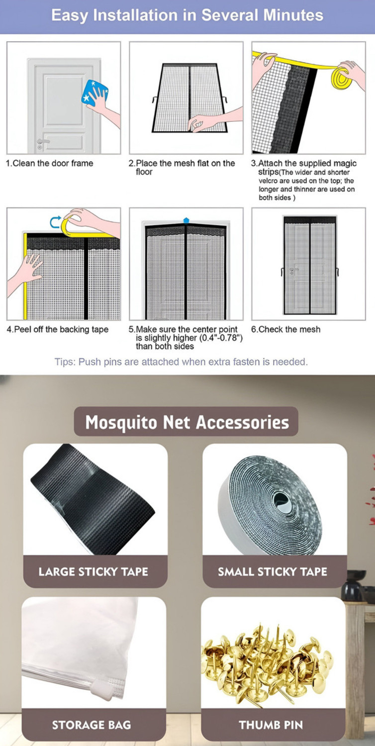 Image of NETIFY Heavy Quality Magnetic Door Mosquito Net | Full Coverage Mesh Polyester Washable Adults Mosquito Net