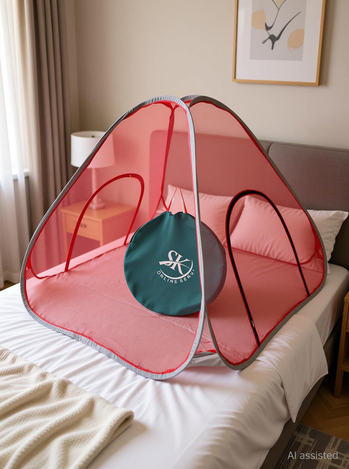 Image of SK Online Services Double Bed Foldable Mosquito Net / Macchardani With Base, Portable Double Bed Mosquito Net /Tent with 2 Side Large Zipper Doors Polyester Washable Adults Mosquito Net