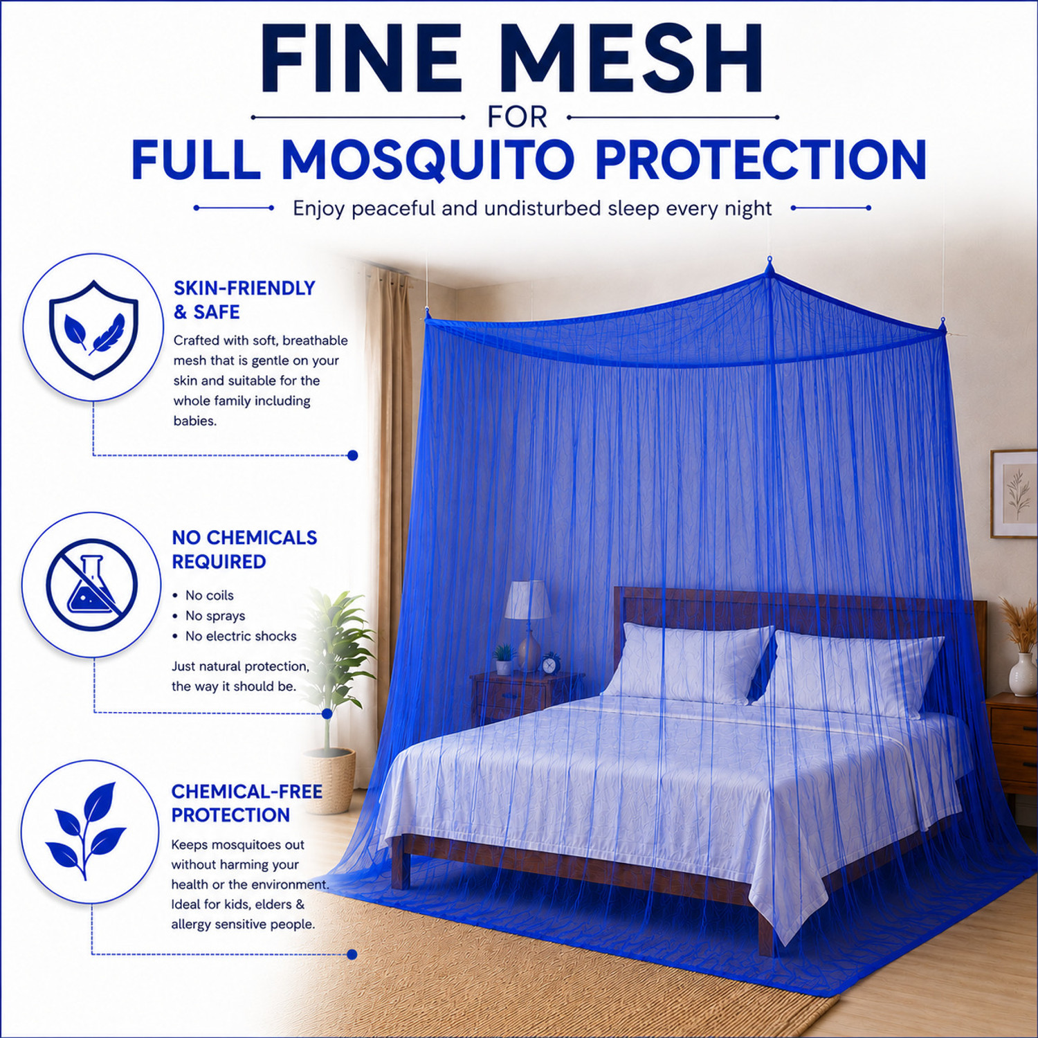 Image of Shree Kriday Double Bed 6x6.5 feet Soft Fabric Polyester Washable Adults Mosquito Net