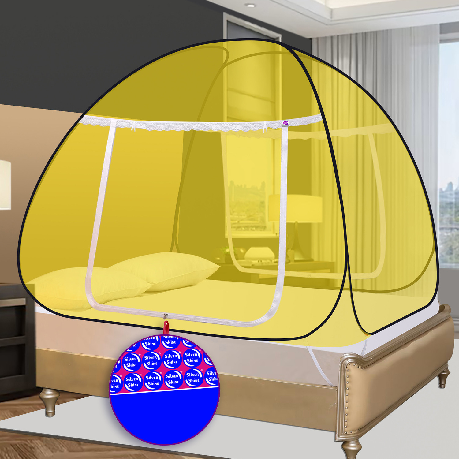 Image of SILVER SHINE Polyester Adults Washable Foldable for Double Bed Mosquito Net Polyester Washable Adults Mosquito Net