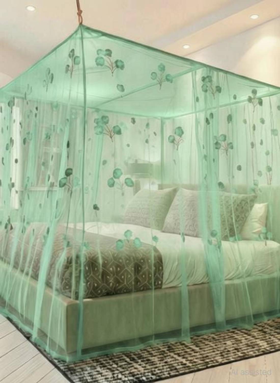 AasthaNet 6X7 KING SIZE GREEN COLOR FLOWER PRINTED FOLDABLE MOSQUITO NET HDPE - High Density Poly Ethylene Washable Adults Mosquito Net