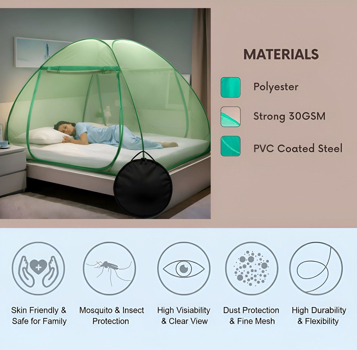 Image of MT-ZHJL Colorful Double Bed Instant Enclosure with Reinforced Double Sided Zipper Entry Polyester Washable Adults Mosquito Net