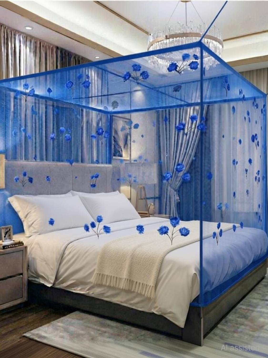 AasthaNet 6X7 KING SIZE BLUE COLOR ROUND PRINTED FOLDABLE MOSQUITO NET HDPE - High Density Poly Ethylene Washable Adults Mosquito Net