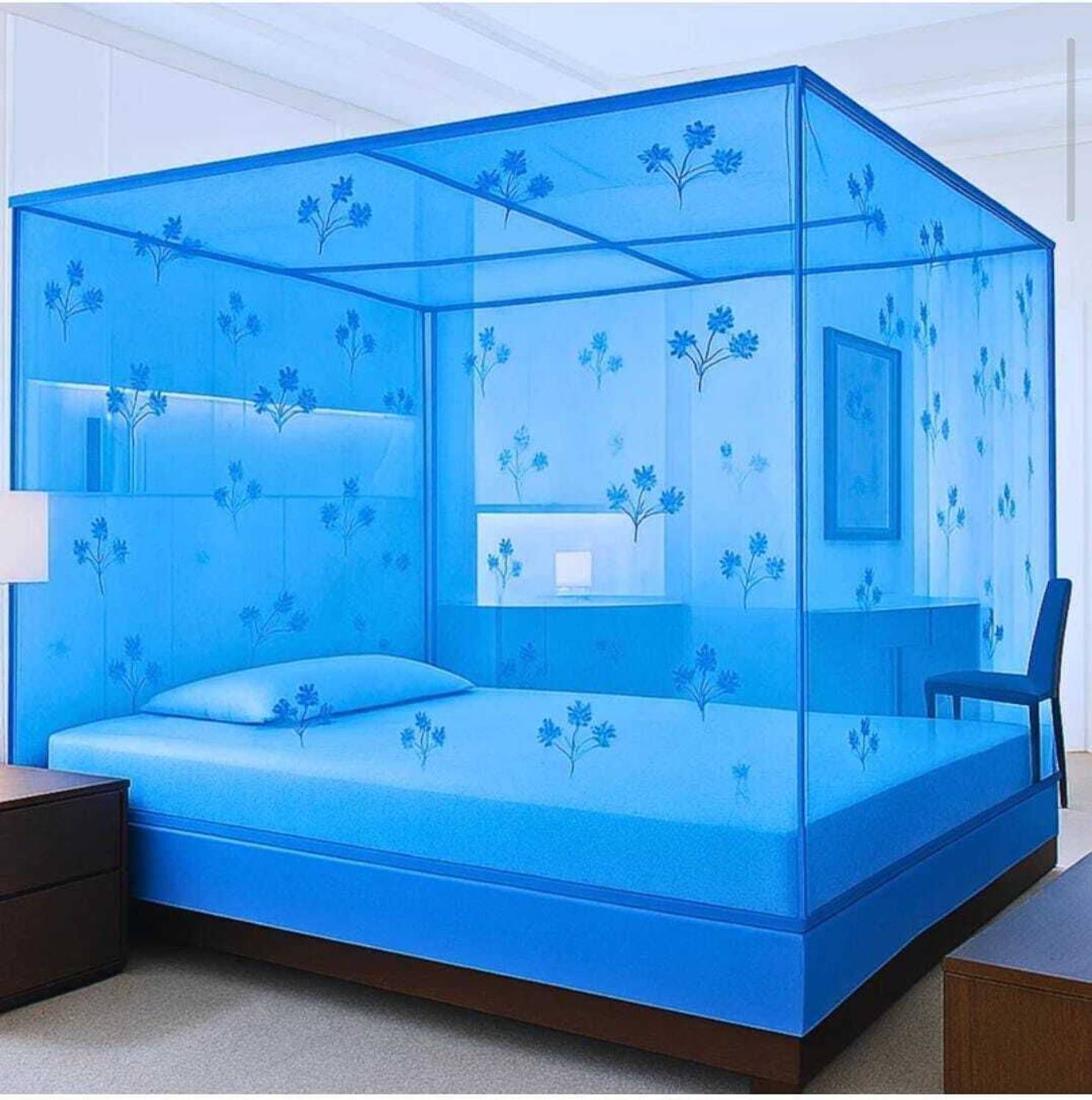 AasthaNet 6X7 KING SIZE BLUE COLOR FLOWER PRINTED FOLDABLE MOSQUITO NET HDPE - High Density Poly Ethylene Washable Adults Mosquito Net