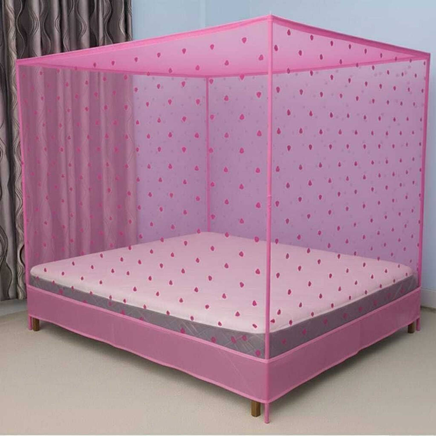 AasthaNet 6X7 KING SIZE PINK COLOR LOVE PRINTED FOLDABLE MOSQUITO NET HDPE - High Density Poly Ethylene Washable Adults Mosquito Net