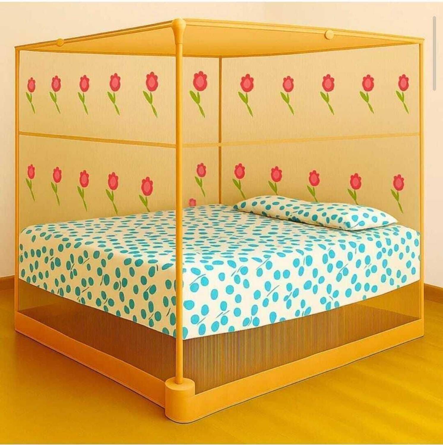 AasthaNet 6X7 KING SIZE ORANGE COLOR FLOWER PRINTED FOLDABLE MOSQUITO NET HDPE - High Density Poly Ethylene Washable Adults Mosquito Net