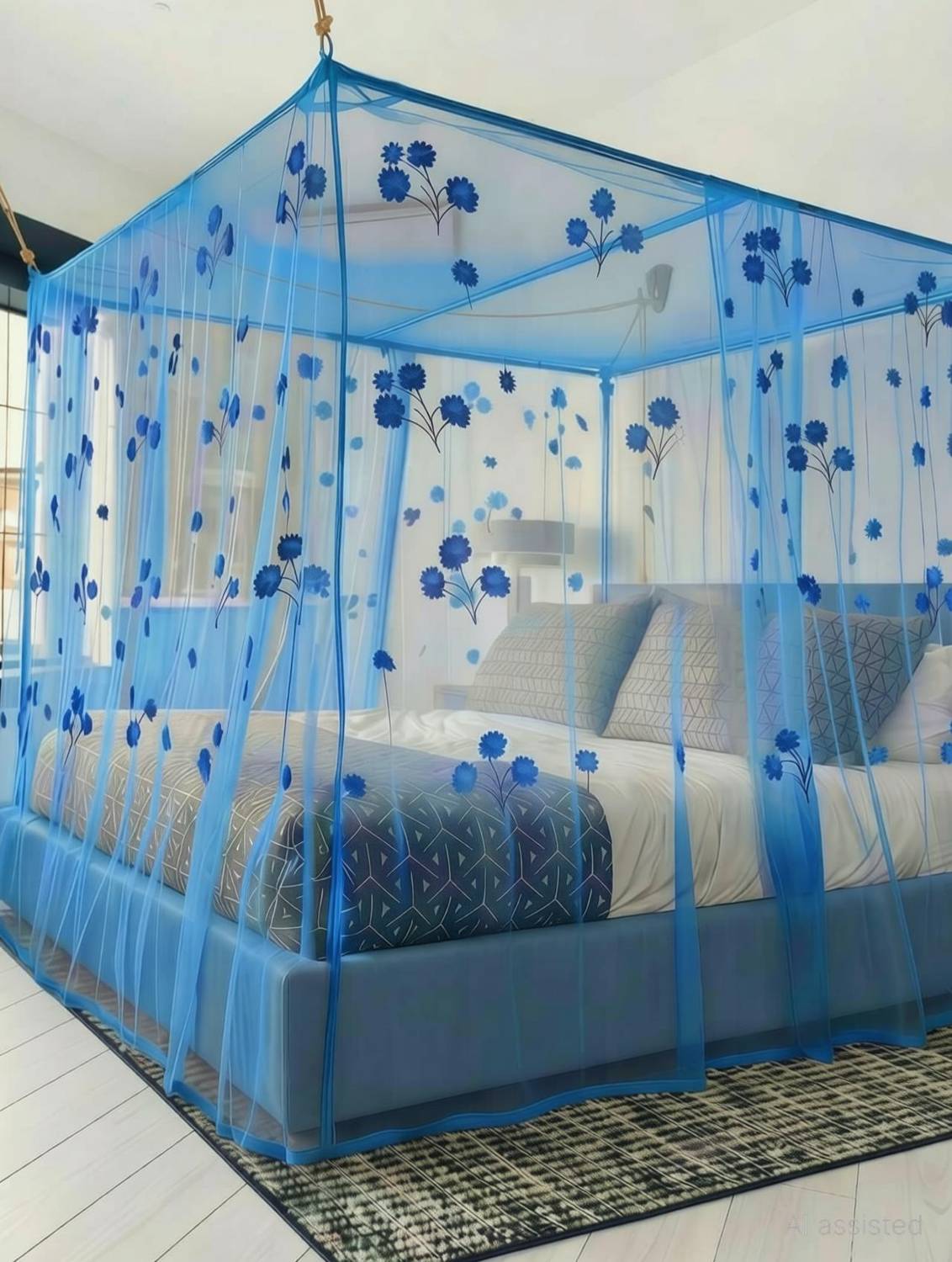AasthaNet SH Hibicover 02 double bed mosquito and insect protection without stand hanging HDPE - High Density Poly Ethylene Washable Adults Mosquito Net