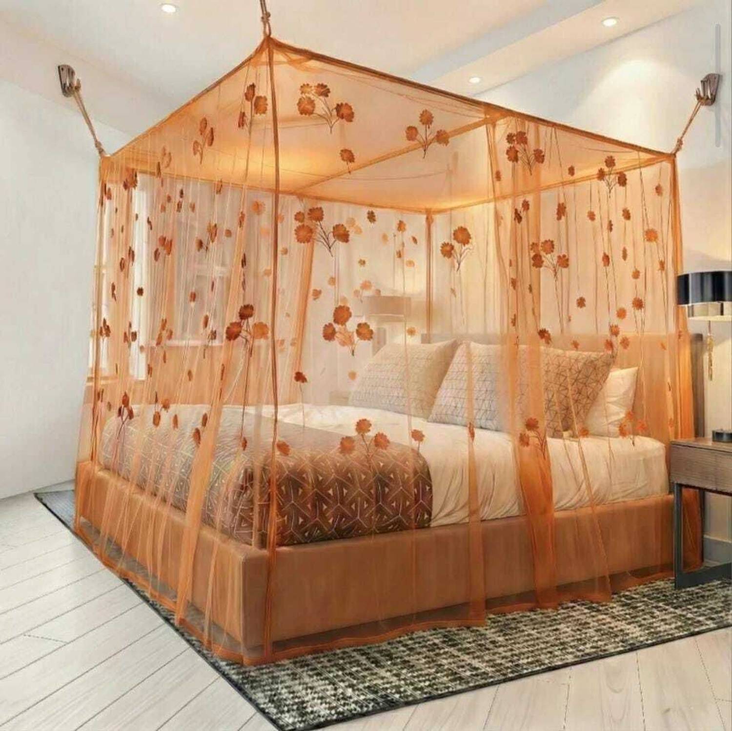 AasthaNet 6X7 KING SIZE ORANGE COLOR FLOWER PRINTED FOLDABLE MOSQUITO NET HDPE - High Density Poly Ethylene Washable Adults Mosquito Net