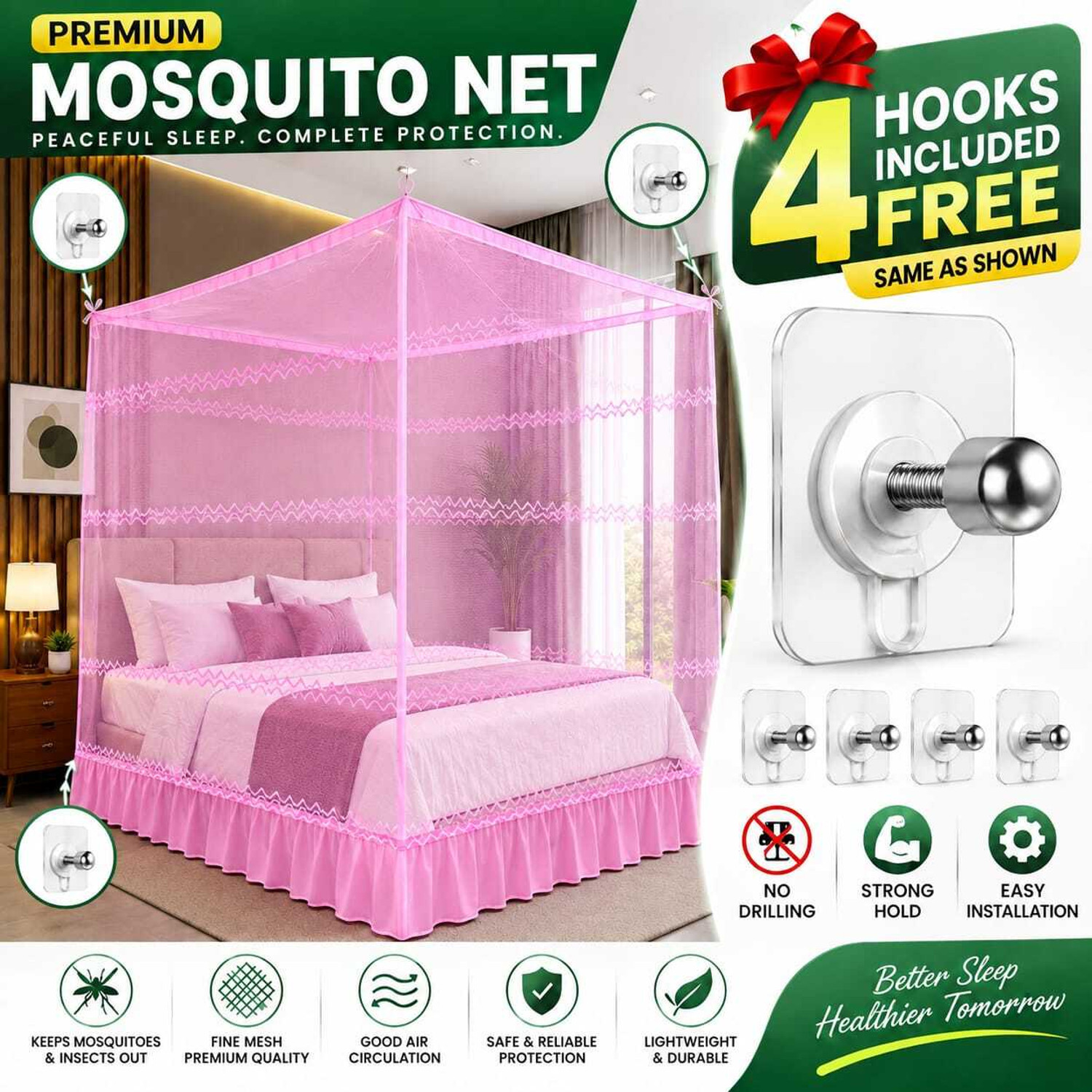 Image of Noorexa Premium King Size Bed Mosquito Net 8x12 I 4 Hooks Free Cotton Washable Adults Mosquito Net (Pink, Tent)