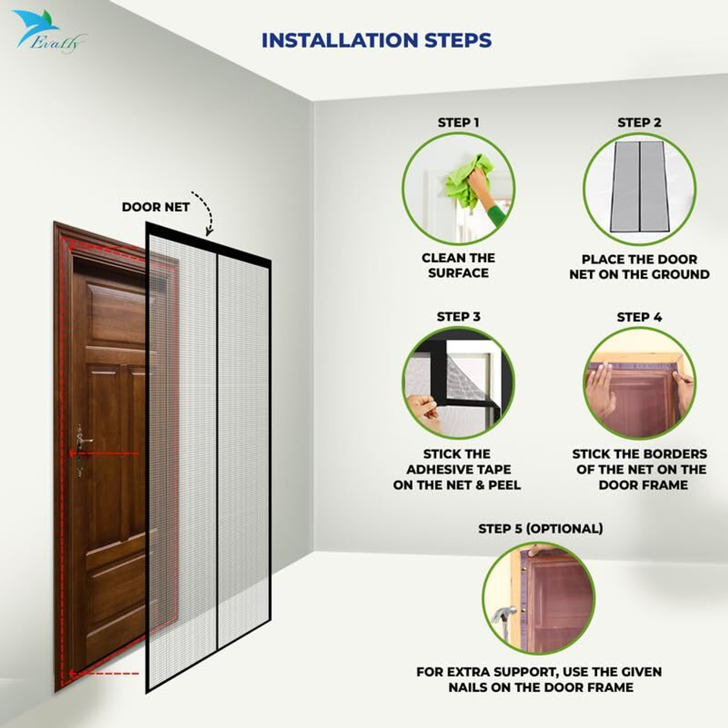 Image of Evafly Mosquito Net For Door With Magnet Self-Closing with self Adhesive Hook Door Polyester Washable Adults Mosquito Net