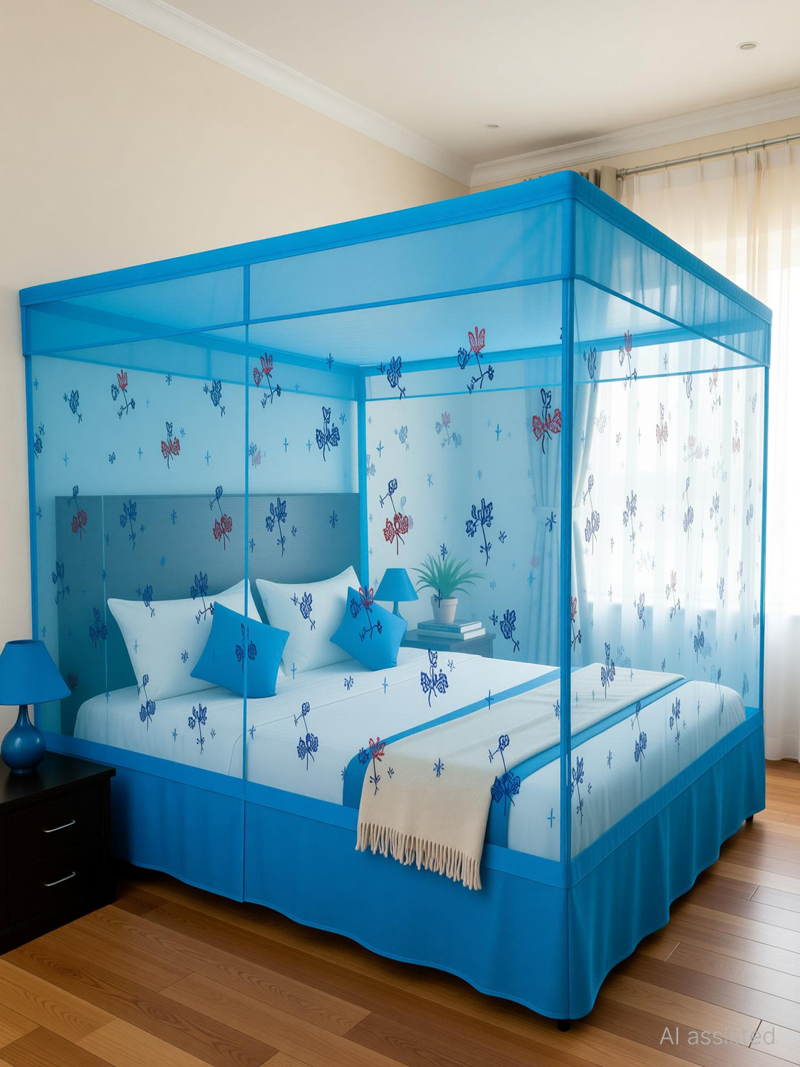 Image of SR ENTERPRISE Floral Design Blue Color Queen Size (7'x7') HDPE - High Density Poly Ethylene Washable Adults Mosquito Net