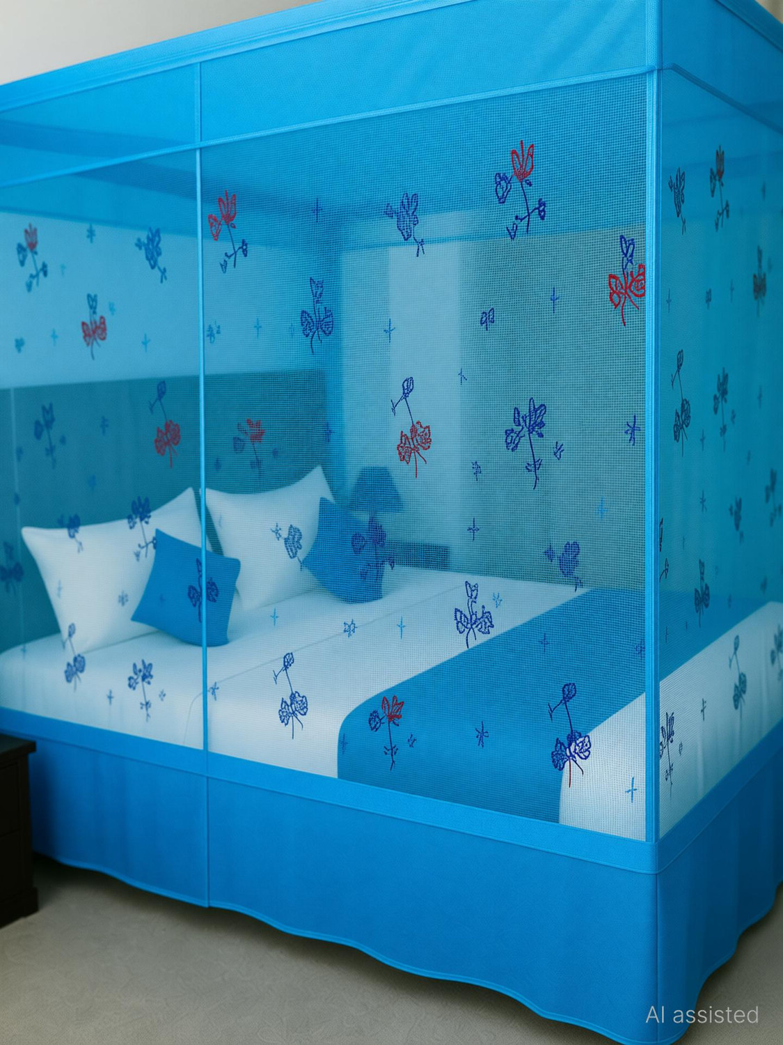Image of SR ENTERPRISE Floral Design Blue Color Queen Size (7'x7') HDPE - High Density Poly Ethylene Washable Adults Mosquito Net
