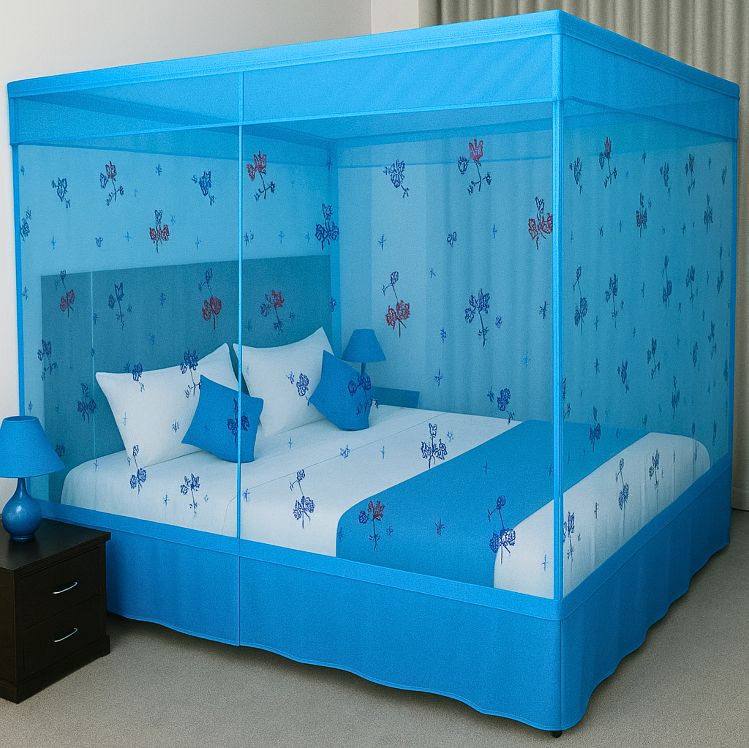 Image of SR ENTERPRISE Floral Design Blue Color Queen Size (7'x7') HDPE - High Density Poly Ethylene Washable Adults Mosquito Net