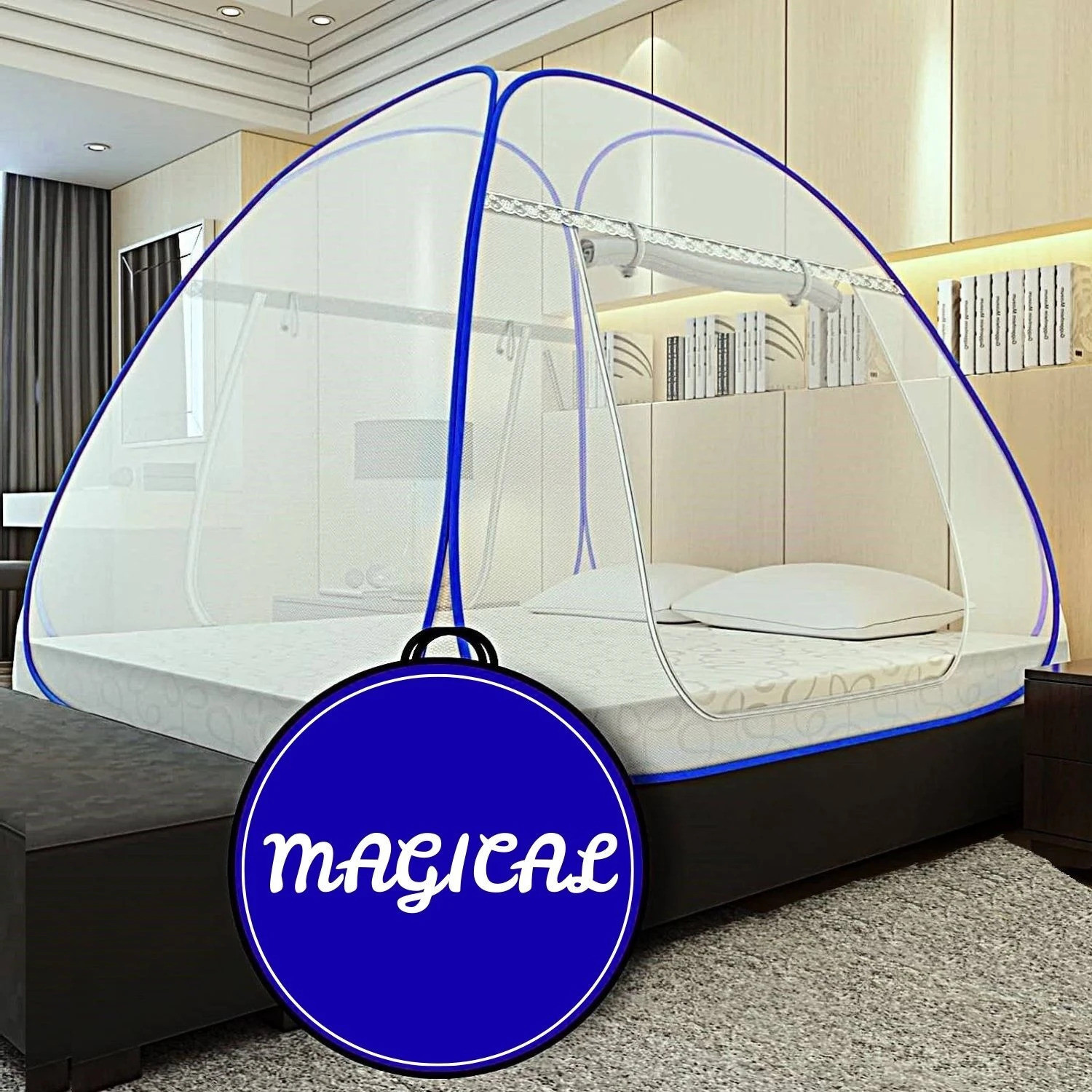 Image of MAGICAL Mosquito Net, Foldable King Size Bed,Double Bed ( 6ft x 6ft ) - Dark Blue Polyester Washable Adults Mosquito Net