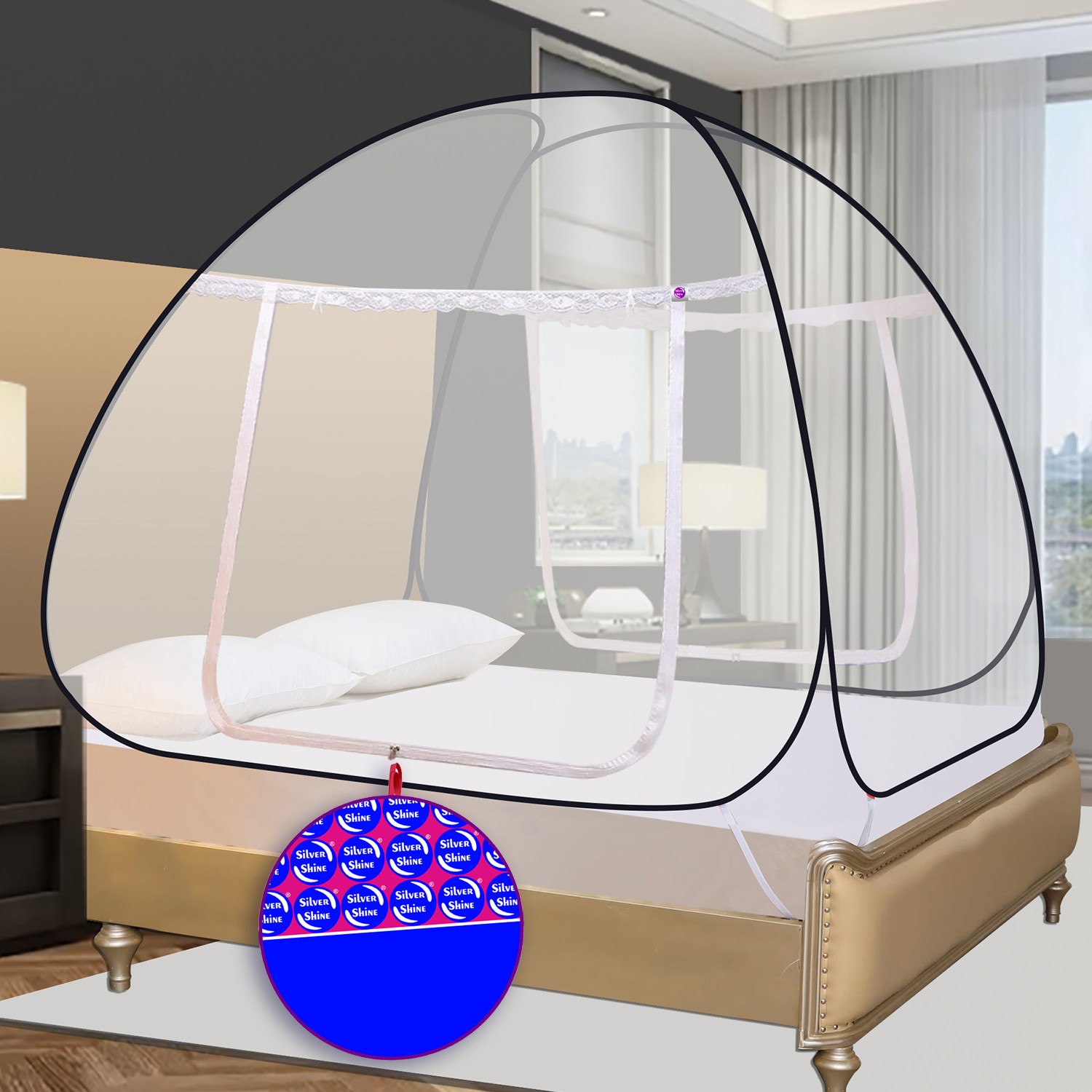 Image of SILVER SHINE Polyester Adults Washable Foldable for Double Bed Mosquito Net Polyester Washable Adults Mosquito Net
