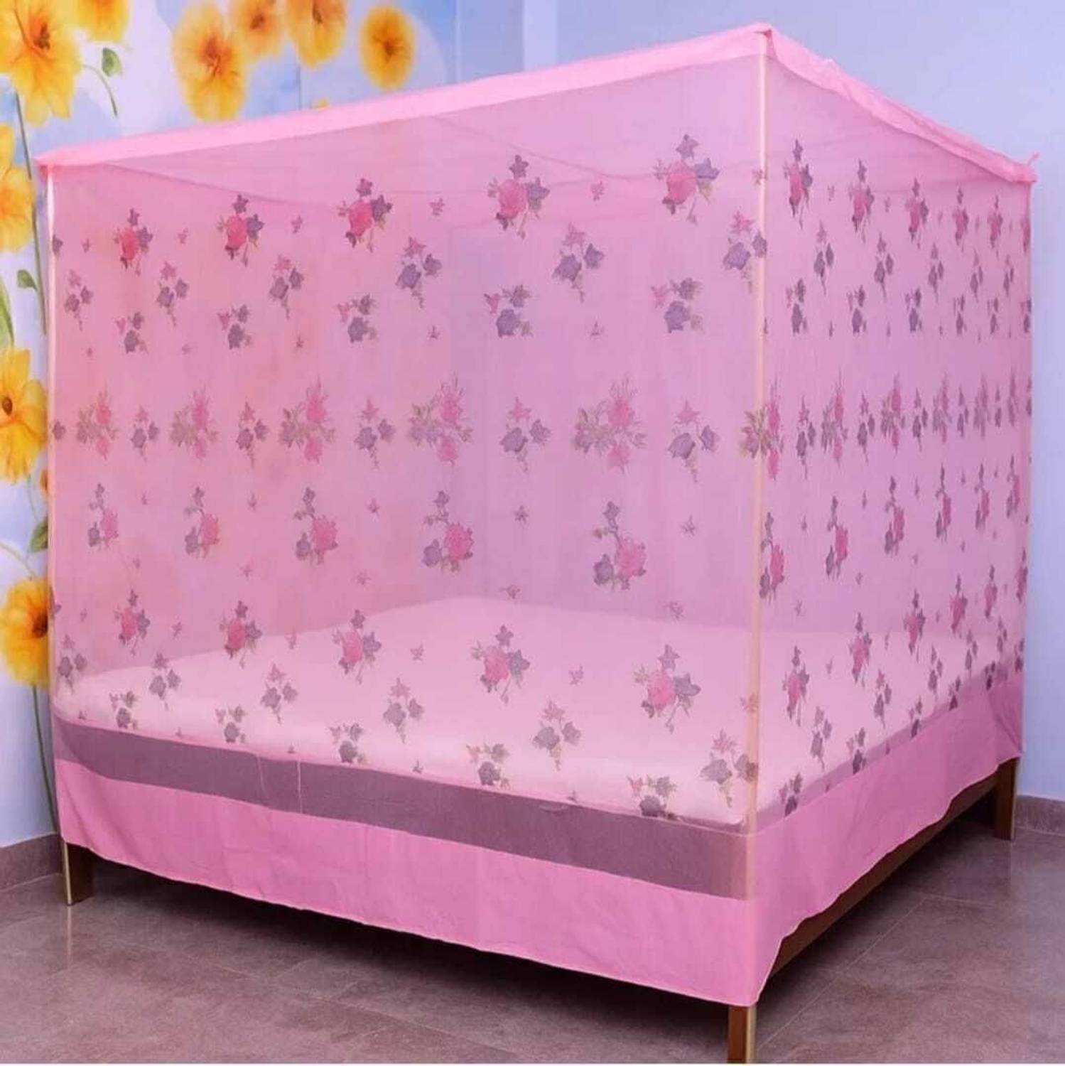 AasthaNet 6X7 KING SIZE PINK COLOR FLOWER PRINTED FOLDABLE MOSQUITO NET HDPE - High Density Poly Ethylene Washable Adults Mosquito Net