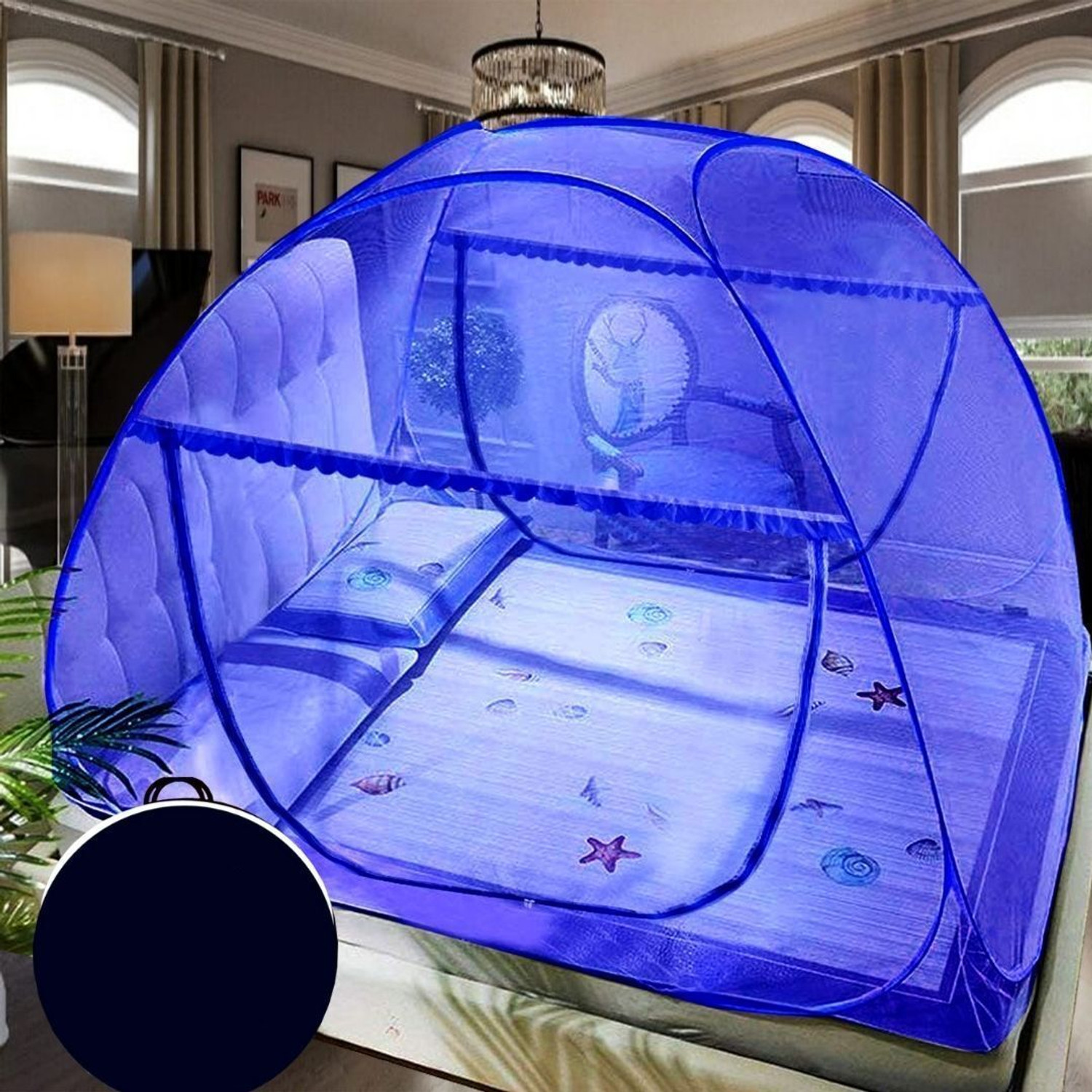 Image of Dvjrdnrs Fashion ROYAL BLUE folding mosquito net double bed Polyester Washable Adults Mosquito Net
