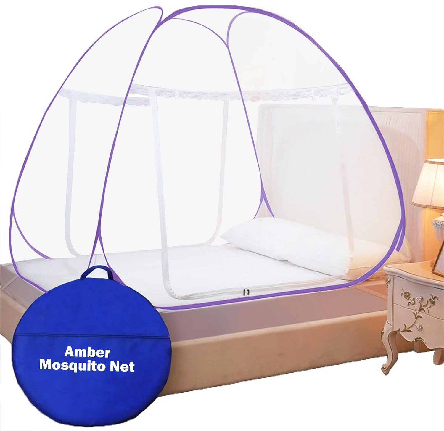 Image of AmberTex Foldable King Size Bed, Double Bed(Suitable for 6ftX6ft to 6.9ft x 6.9ft) Polyester Washable Adults Mosquito Net