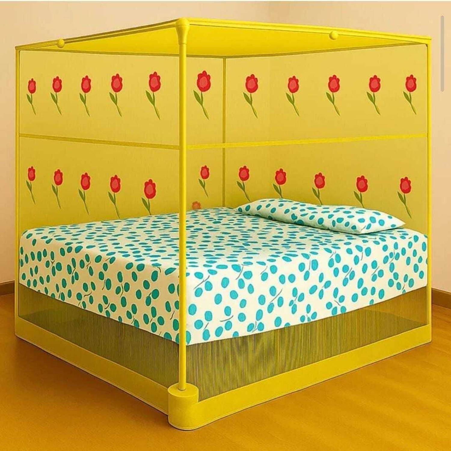 AasthaNet 6X7 KING SIZE YELLOW COLOR FLOWER PRINTED FOLDABLE MOSQUITO NET HDPE - High Density Poly Ethylene Washable Adults Mosquito Net