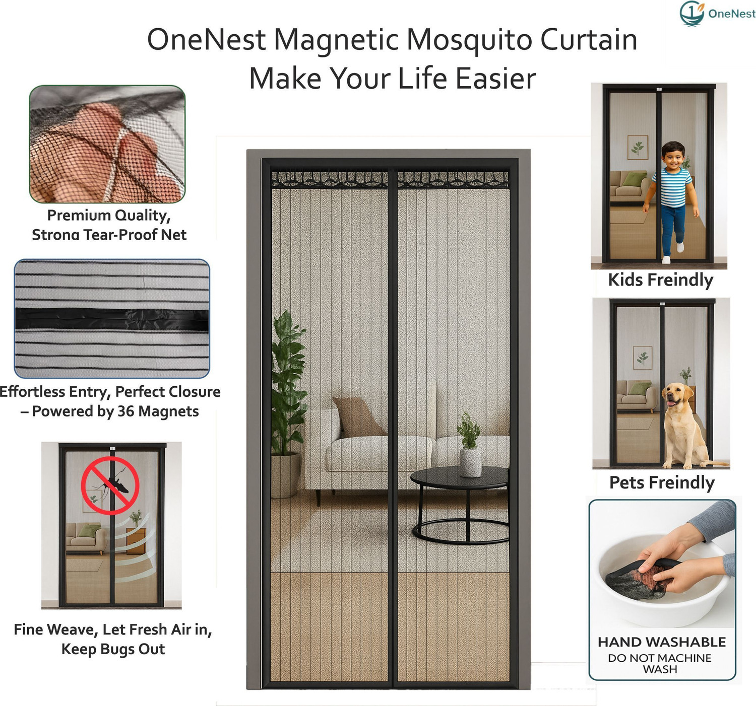Image of OneNest (210*90 cm) Auto Close door curtain with magnet Polyester Washable Adults Mosquito Net