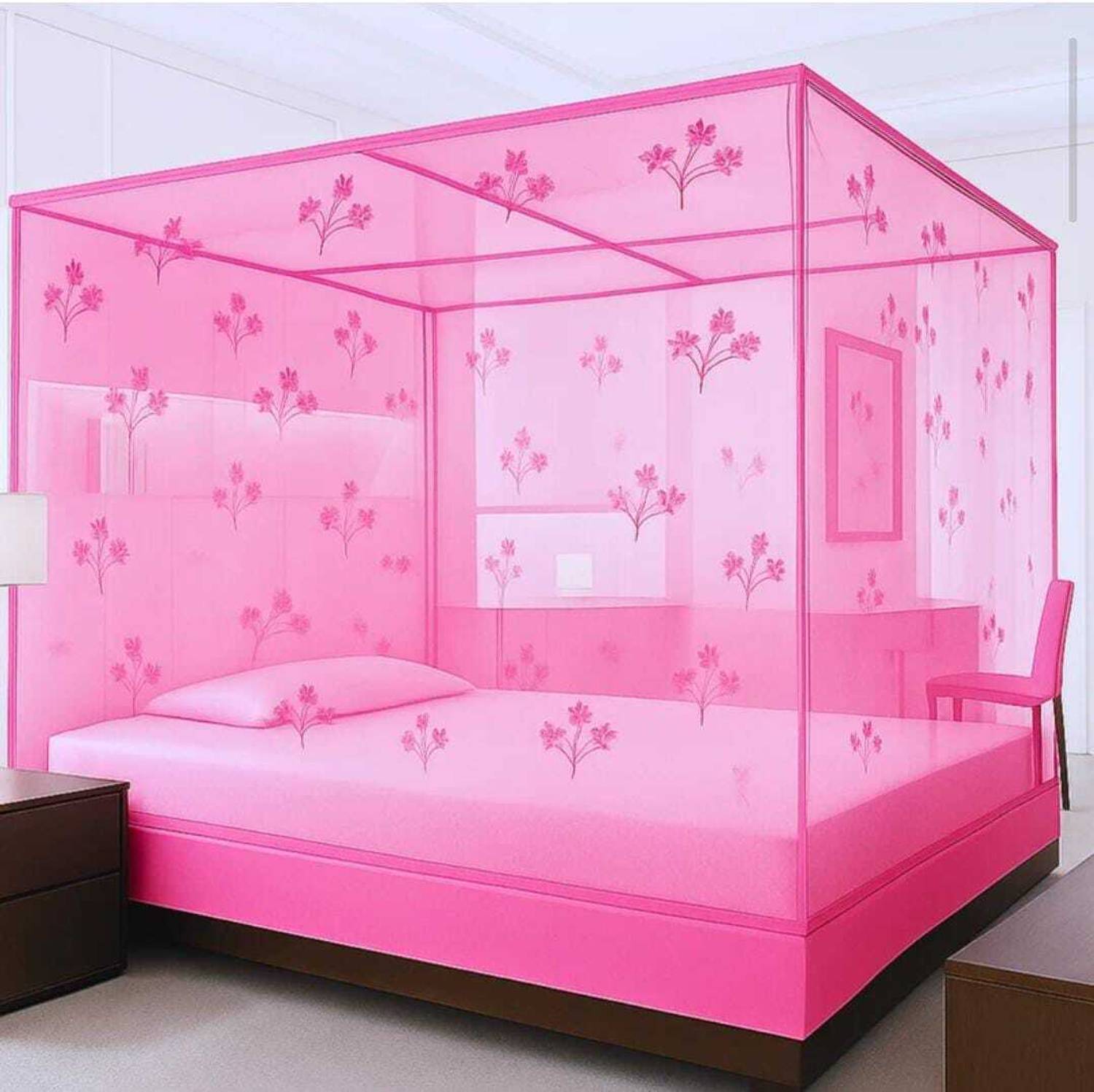 AasthaNet 6X7 KING SIZE PINK COLOR FLOWER PRINTED FOLDABLE MOSQUITO NET HDPE - High Density Poly Ethylene Washable Adults Mosquito Net