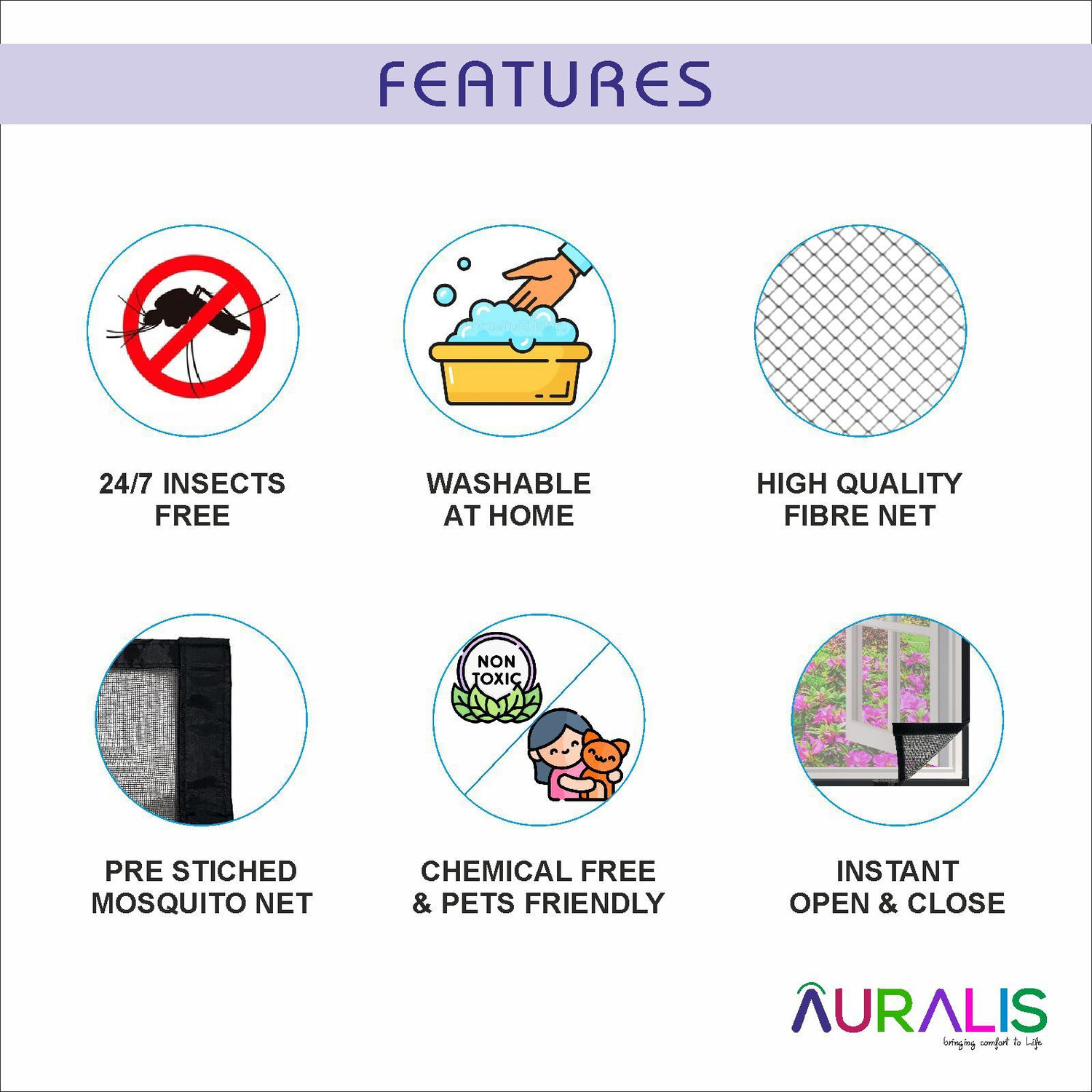 Image of AURALIS Window Mosquito Net Pre Stiched with Adhesive Hook & Loop Tape Polyester Washable Adults Mosquito Net (GREY-70x170 CM, Frame Hung)