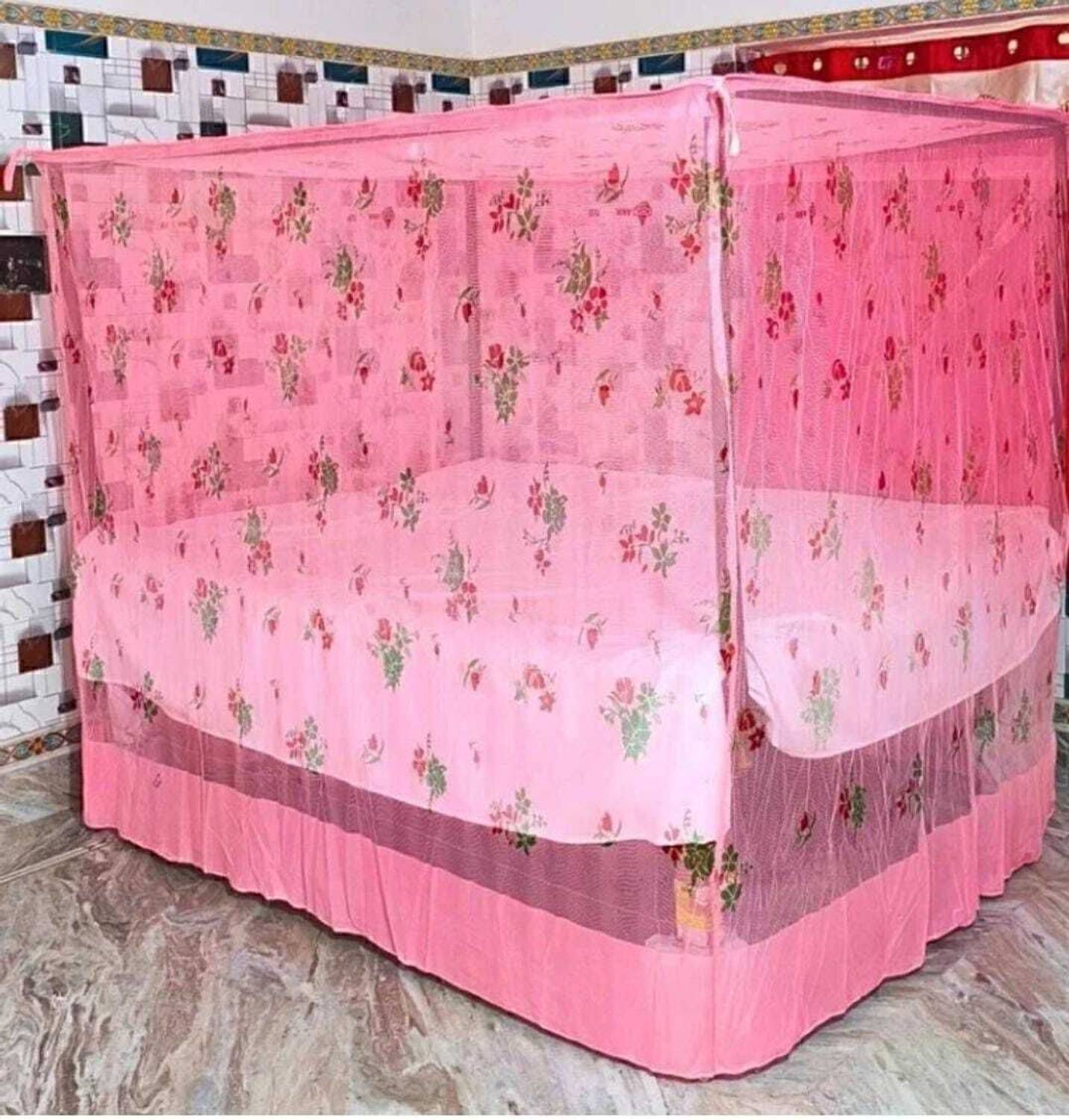 AARTI Flower Printed PINK Single Bed (4X6)ft HDPE - High Density Poly Ethylene Washable Adults Mosquito Net