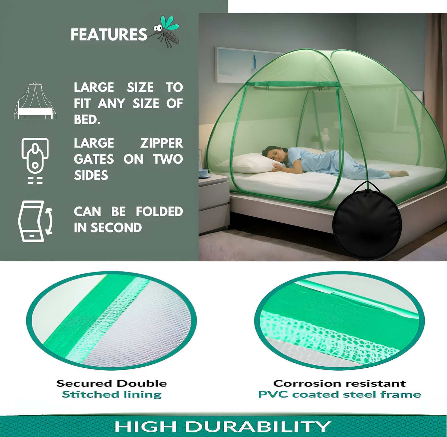 Image of MT-ZHJL Colorful Double Bed Instant Enclosure with Reinforced Double Sided Zipper Entry Polyester Washable Adults Mosquito Net