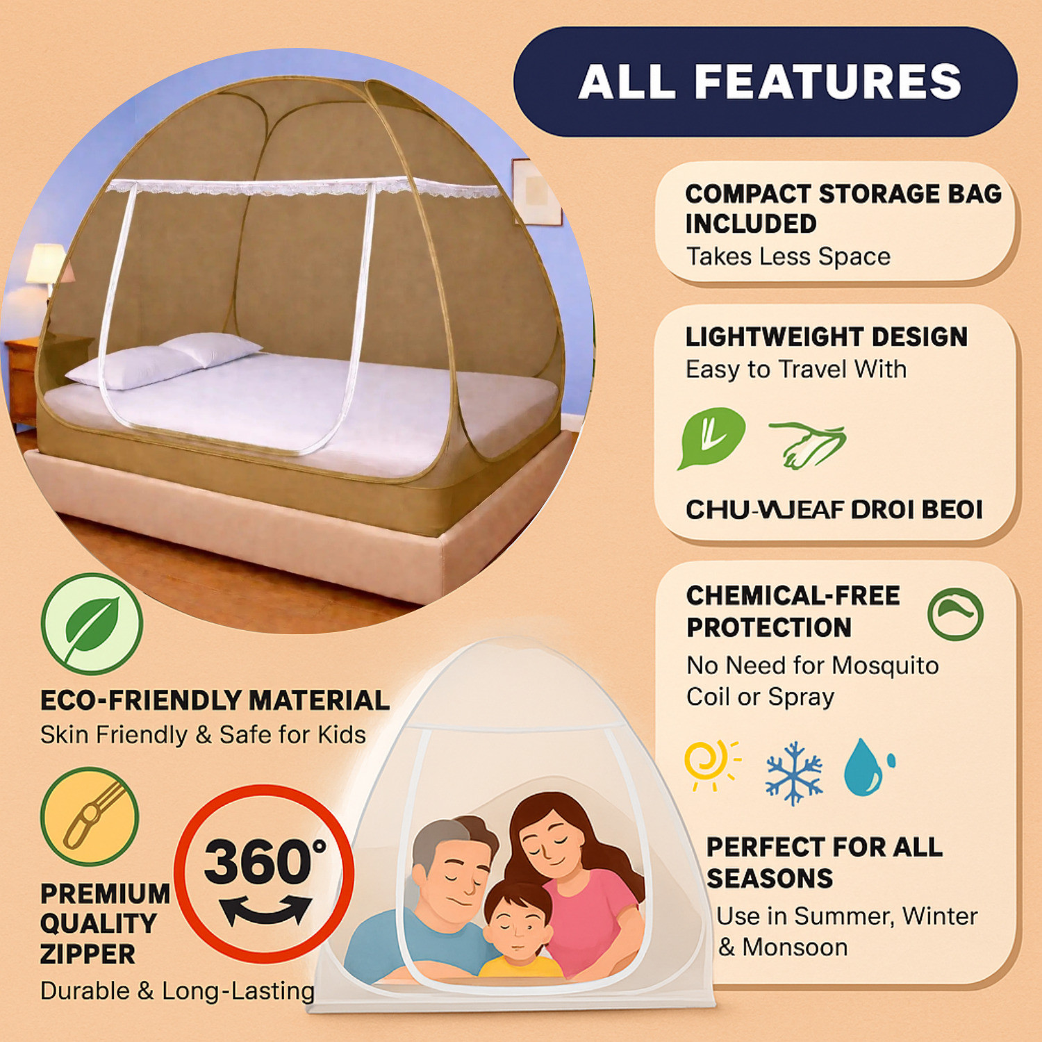 Image of Love N Care Khaki foldable mosquito net Cotton Adults Mosquito Net