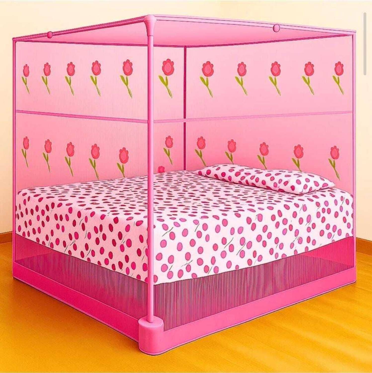 AasthaNet 6X7 KING SIZE PINK COLOR FLOWER PRINTED FOLDABLE MOSQUITO NET HDPE - High Density Poly Ethylene Washable Adults Mosquito Net