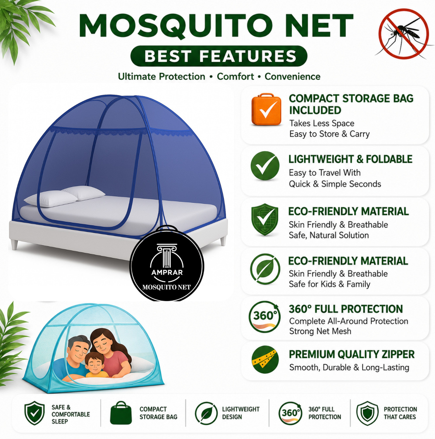 Image of Amprar Large Auto Stand Stainless Steel Mosquito Net for Double Bed Nylon Adults Mosquito Net