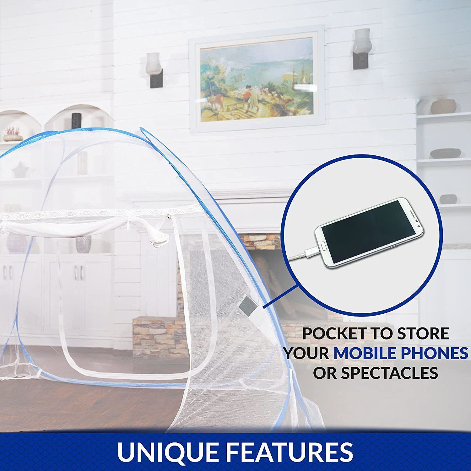Image of Dvjrdnrs Fashion ROYAL BLUE folding mosquito net double bed Polyester Washable Adults Mosquito Net