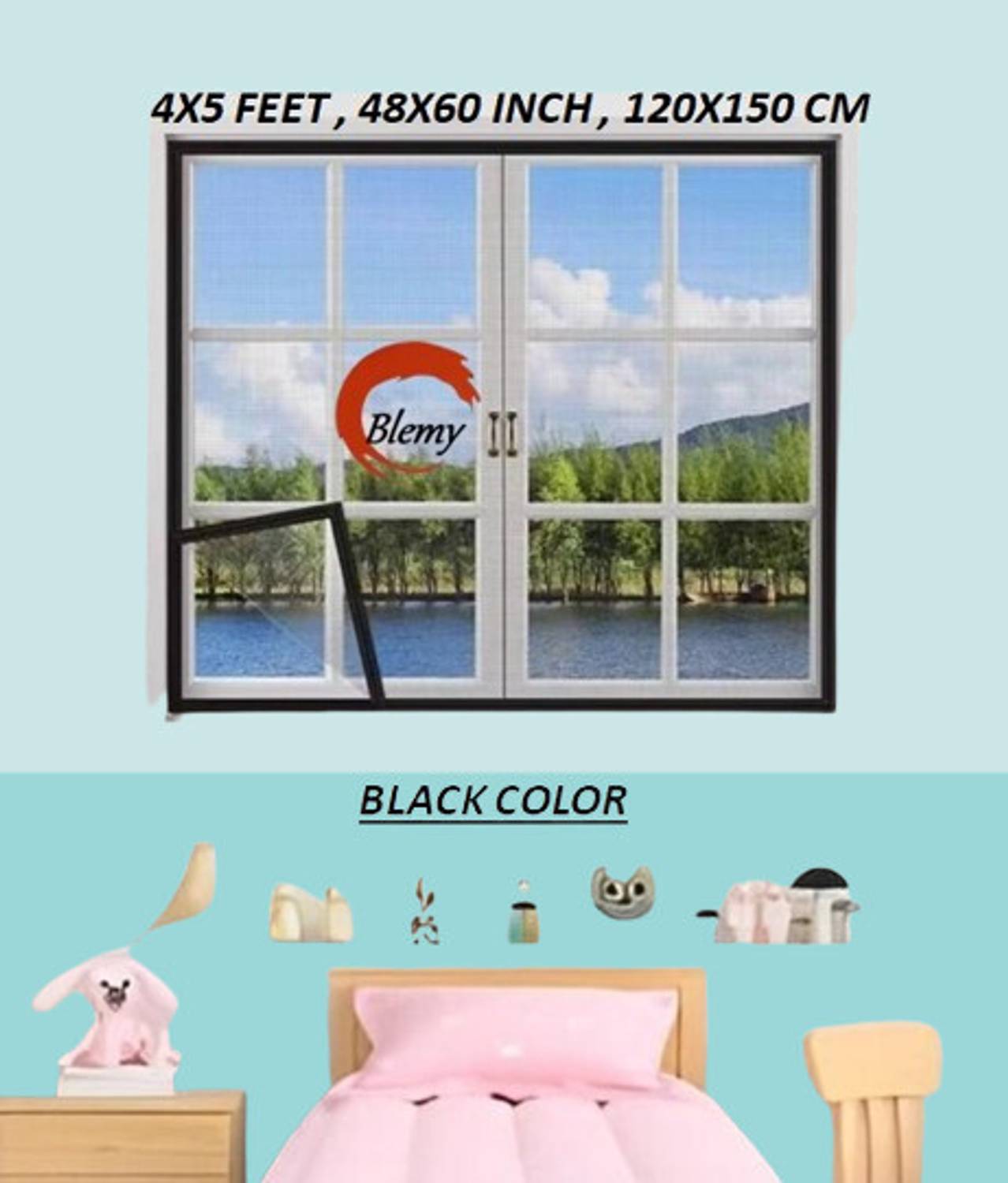 BLEMY Readymade Net For Window With Self Adhesive HookS & Loop Tape Size - 4X5 Feet HDPE - High Density Poly Ethylene Washable Adults Mosquito Net