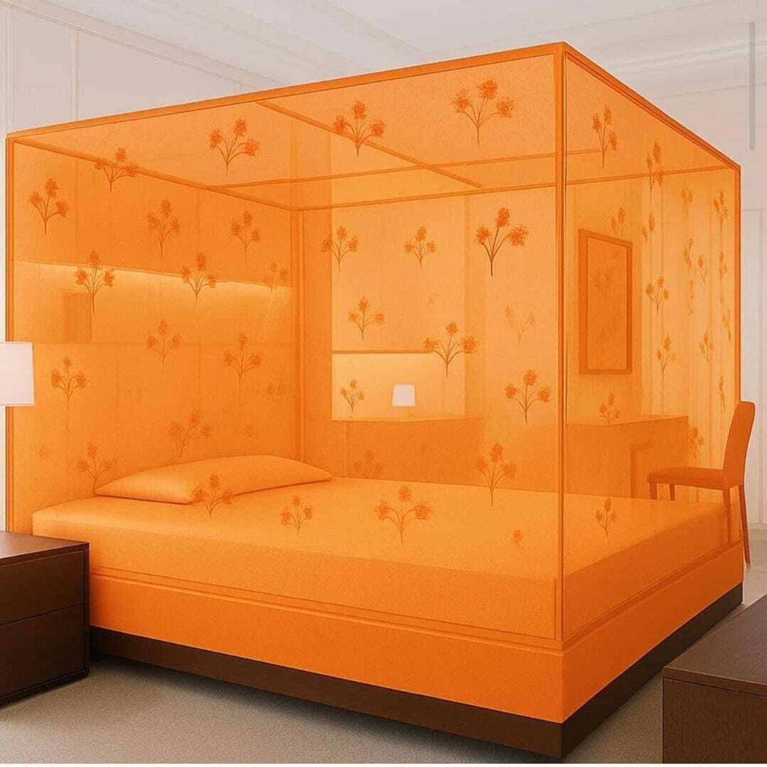 AasthaNet 6X7 KING SIZE ORANGE COLOR FLOWER PRINTED FOLDABLE MOSQUITO NET HDPE - High Density Poly Ethylene Washable Adults Mosquito Net