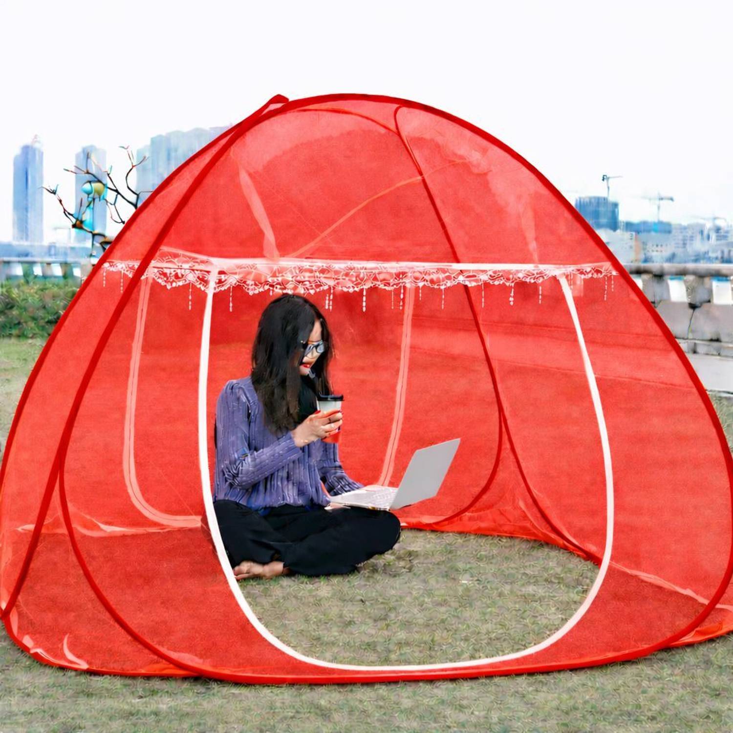 Amprar Foldable Machhardani -King Size 200CM(6ft 6in) x 200CM(6ft 6in) x 145CM(4ft 8in) Polyester Adults Mosquito Net