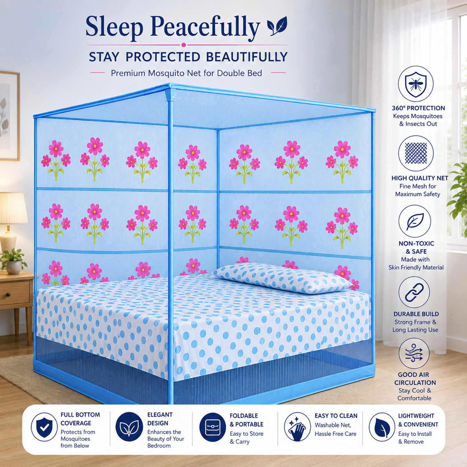Image of SR ENTERPRISE Flower Design Blue (6x7) HDPE - High Density Poly Ethylene Washable Adults Mosquito Net