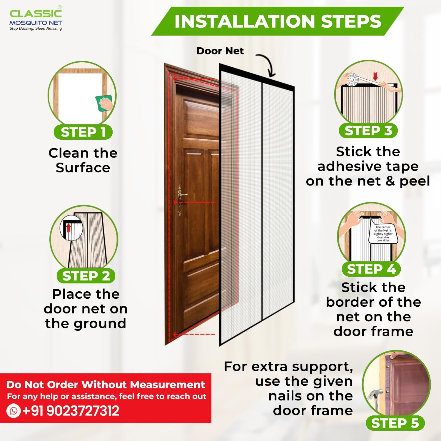 Image of Classic Mosquito Net For Door With Magnet Self-Closing with full frame self Adhesive Hook Fibre Washable Adults Mosquito Net