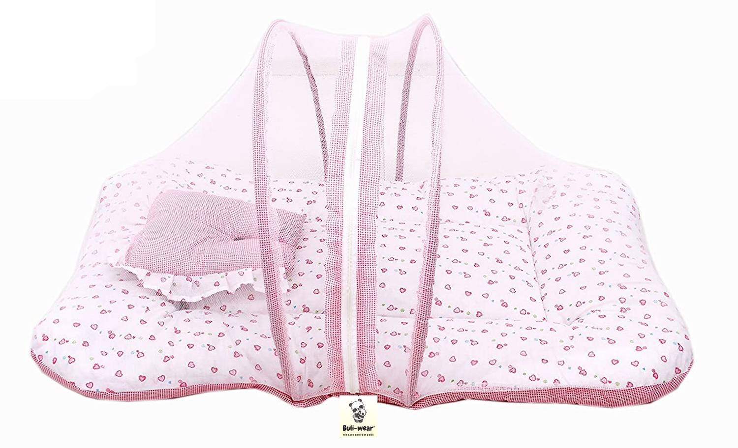 BULI-WEAR Buli Wear Super Soft , Cotton Baby Mattress with Net - Bedding Set (0-6 Months ,Pink Dil) Polyester Washable Infants Mosquito Net