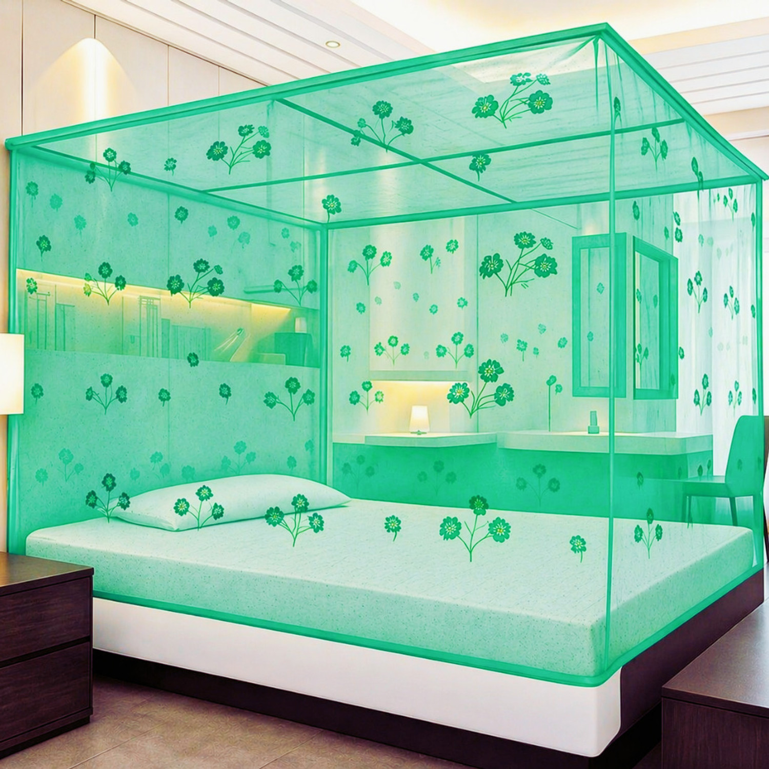 Image of RN ENTERPRISE Charming Flower Printed (6x7 Ft) Cotton Washable Adults Mosquito Net (Mint Green, Bed Box)
