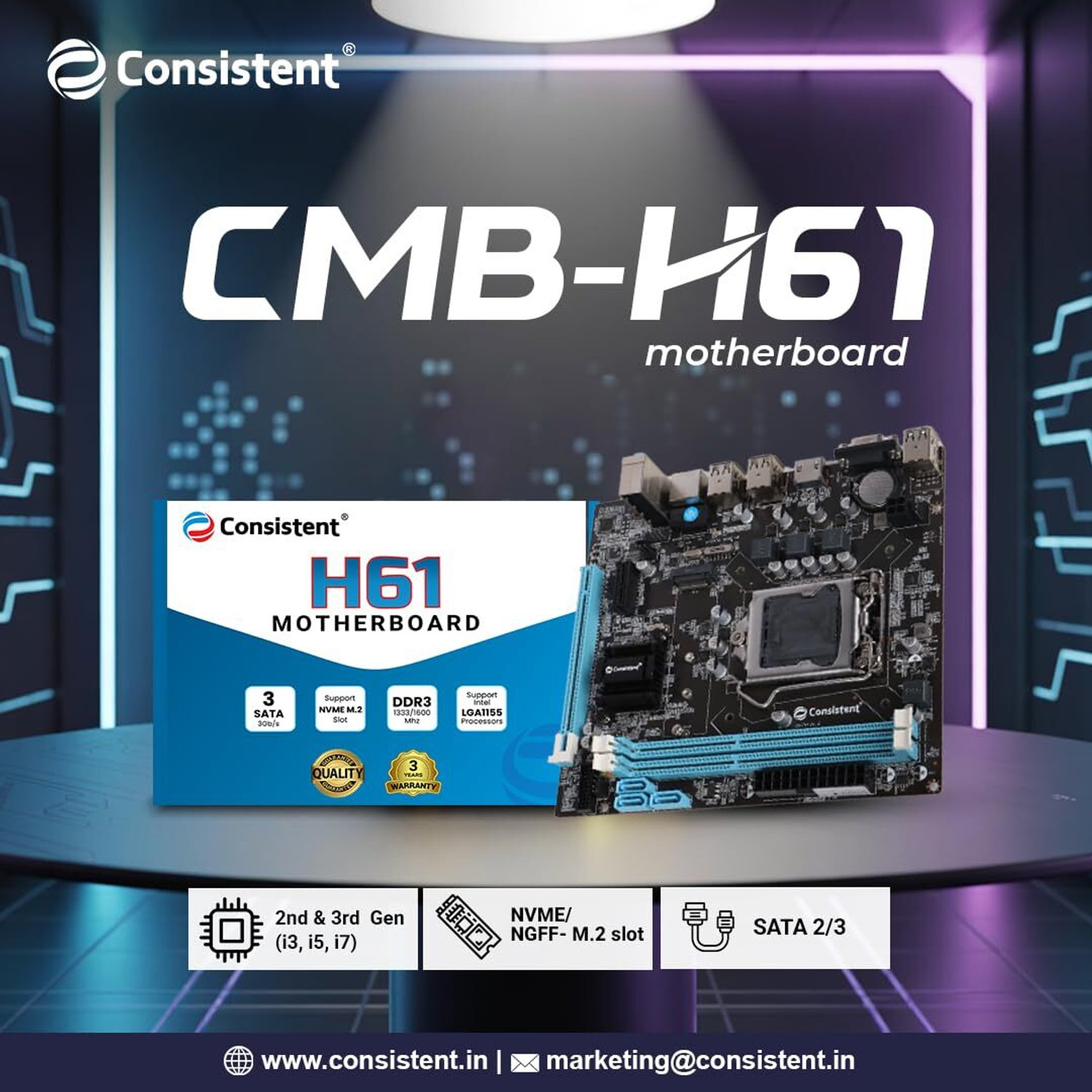 Image of Electrokaart Consistent H61 Motherboard with 2xDDR3 RAM Slot NVMe Support i3 /i5 /i7 Processor LGA 1155Socket ATX Intel H61 Chipset DDR3 Motherboard for Desktop