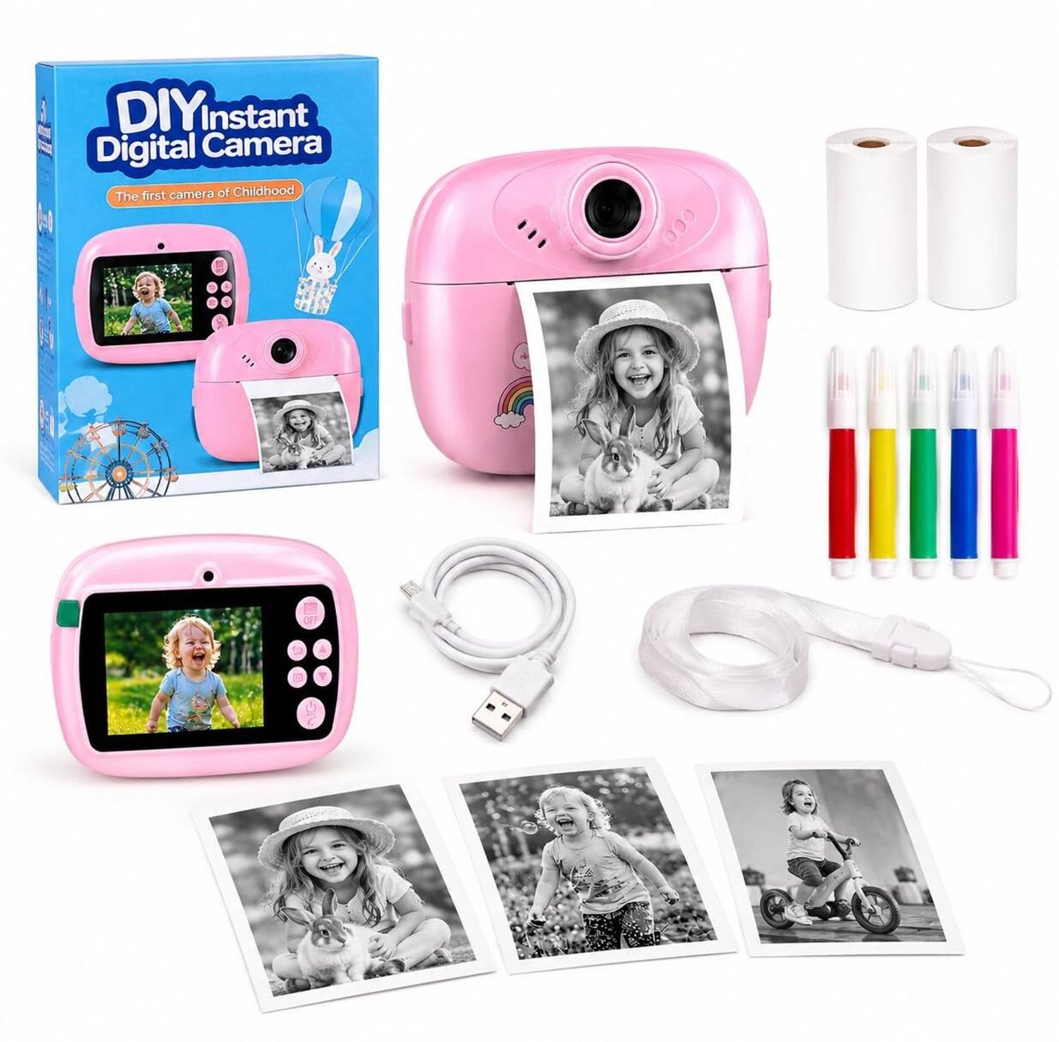 HG WORLD DIY Instant Print Mini Camera for Kids With 2.4”HD Screen,Thermal Paper Printing Motion Controller